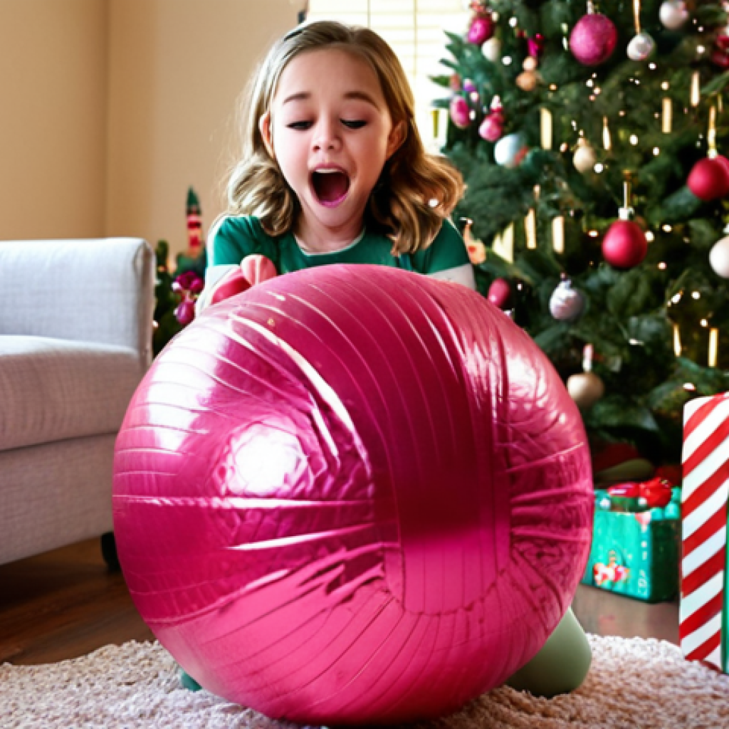 **

A little girl, around 6 years old, excitedly unwrapping a giant LOL Surprise ball at Christmas. Focus on the joy and anticipation on her face as she peels back layers of packaging. The background is a cozy living room decorated for Christmas with a Christmas tree.

**