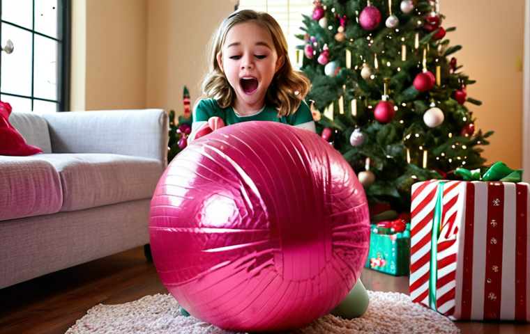 **
A little girl, around 6 years old, excitedly unwrapping a giant LOL Surprise ball at Christmas. Focus on the joy and anticipation on her face as she peels back layers of packaging. The background is a cozy living room decorated for Christmas with a Christmas tree.
**