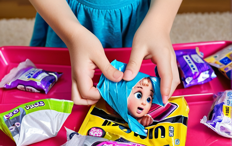 **
Prompt: A child's hands excitedly unwrapping a LOL Surprise! doll with multiple layers of plastic packaging, contrasted with a visible pile of discarded plastic wrappers nearby. The background shows a slightly concerned parent looking on. Focus on the vibrant colors of the toy and the stark reality of the waste.
**