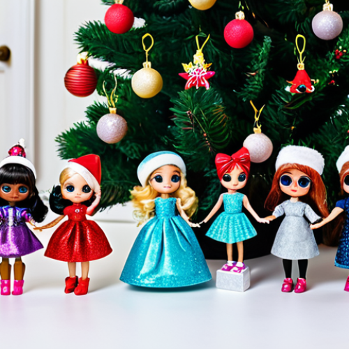 Home 22 A vibrant and uniquely decorated Christmas tree, adorned with an abundance of colorful LOL Surprise O.M.G. Fashion Dolls and regular LOL Surprise dolls. Each doll features glittering outfits and tiny, intricate accessories like miniature handbags, stylish glasses, and small hats, securely hung with invisible threads. The tree is illuminated by sparkling LED light chains, casting a magical glow on the figures and creating a festive, joyful atmosphere. The background shows a warm, cozy living room, softly blurred to highlight the tree. High-quality professional photography, detailed, colorful, stunning, fully clothed, modest, appropriate attire, safe for work, appropriate content, family-friendly, perfect anatomy, correct proportions, natural pose, well-formed hands, proper finger count, natural body proportions.