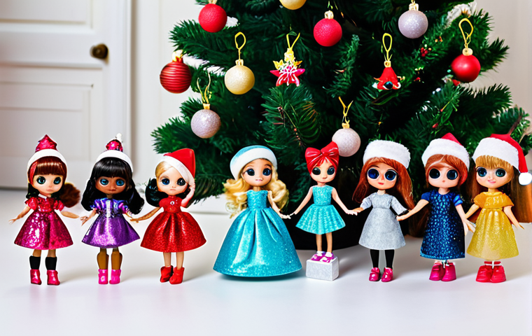 A vibrant and uniquely decorated Christmas tree, adorned with an abundance of colorful LOL Surprise O.M.G. Fashion Dolls and regular LOL Surprise dolls. Each doll features glittering outfits and tiny, intricate accessories like miniature handbags, stylish glasses, and small hats, securely hung with invisible threads. The tree is illuminated by sparkling LED light chains, casting a magical glow on the figures and creating a festive, joyful atmosphere. The background shows a warm, cozy living room, softly blurred to highlight the tree. High-quality professional photography, detailed, colorful, stunning, fully clothed, modest, appropriate attire, safe for work, appropriate content, family-friendly, perfect anatomy, correct proportions, natural pose, well-formed hands, proper finger count, natural body proportions.