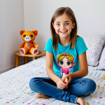 LOL 서프라이즈 인기 캐릭터 순위 - "A young girl with bright eyes, carefully unwrapping a LOL Surprise doll in her brightly lit bedroom...