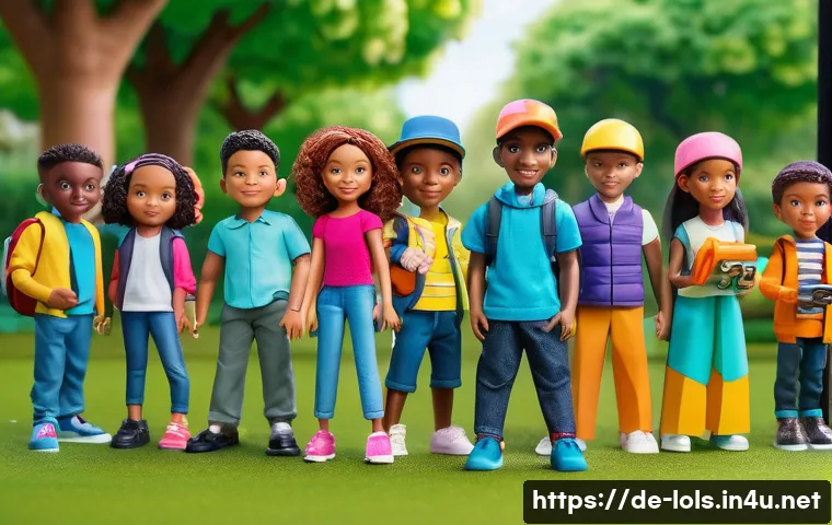 LOL 서프라이즈와 연계된 애니메이션 캐릭터 - A vibrant animated scene featuring a diverse group of children’s action figures with distinct person...