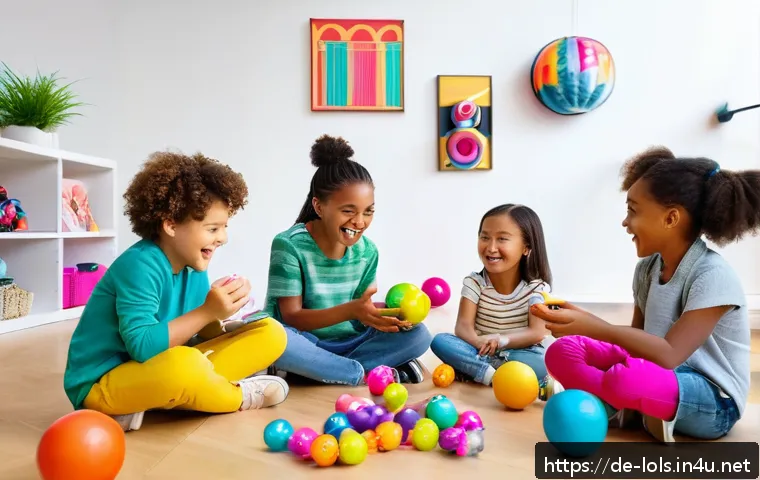 LOL 서프라이즈의 교육적 활용 방안 - A lively playroom scene featuring diverse children excitedly unwrapping colorful LOL Surprise balls....