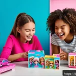 LOL 서프라이즈의 성공적인 소비자 경험 사례 - A vibrant scene showing a group of children joyfully unboxing LOL Surprise dolls in a bright, modern...