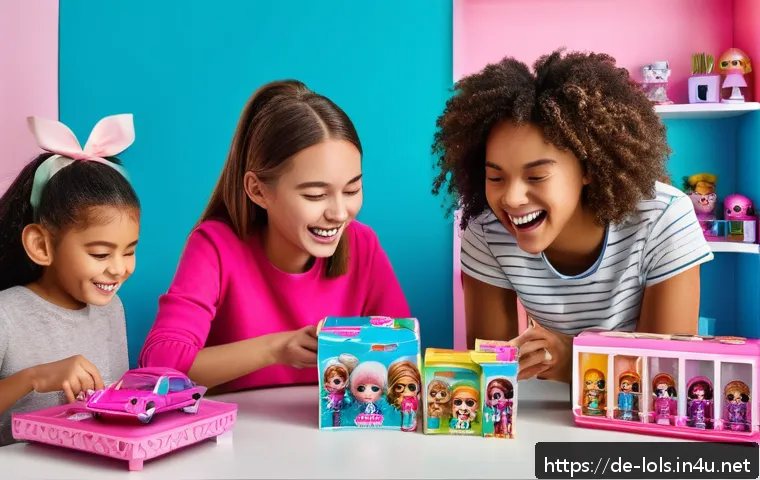 LOL 서프라이즈의 성공적인 소비자 경험 사례 - A vibrant scene showing a group of children joyfully unboxing LOL Surprise dolls in a bright, modern...