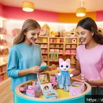 LOL 서프라이즈의 다양한 팬 콘텐츠 사례 - A lively local fan meetup scene in a cozy German toy store, filled with children aged 5 to 10 wearin...