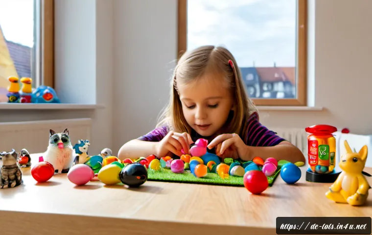 LOL 서프라이즈와 연계된 다양한 장난감 시리즈 - Photorealistic family playroom in a modern German apartment, a child’s hands opening colorful unbran...